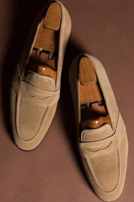 Beige Color Penny Loafer, Genuine Suede Leather Shoes, Men's Handmade Apron Toe, Lace Up Formal Wedding Shoes,