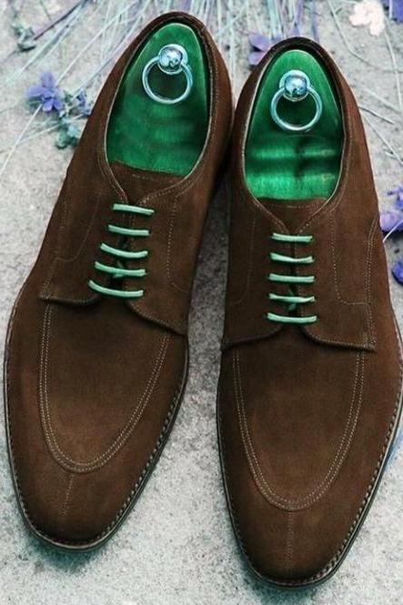 Men's Derby Suede Leather Shoes, Handmade Brown Color Pairs, Lace Up Fastening Party Shoes, Split Toe Apron Toe Shoes,