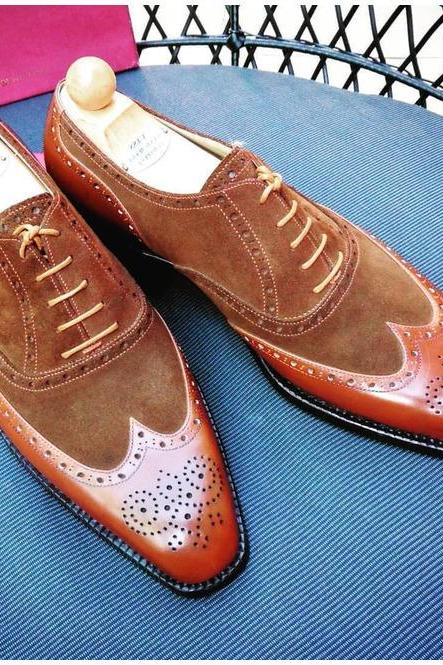 Luxury Pointed Toe Oxford Shoes, Suede Leather Handcrafted Dress Shoes, Men's Customize Medallion Wingtip Formal Shoes,