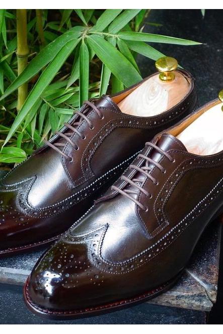 Coffee Brown Hand Stitched Patent Shoes, Men's Derby Cowhide Leather Lace Up Fastening, Personalized Longwing Brogue Wingtip Formal Business Shoes,