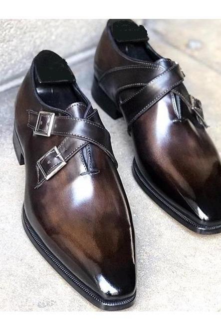 Handmade Patent Chocolate Brown Shoes, Men's Customize Cow Skin Leather, Cross Strap Dual Monk Shoes, Buckle Formal Shoes,
