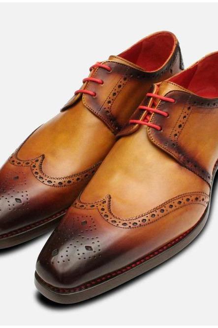 Tawny Color Patent Brogue Wingtip, Genuine Leather Derby Lace Up, Men's Handcrafted Formal Shoes,