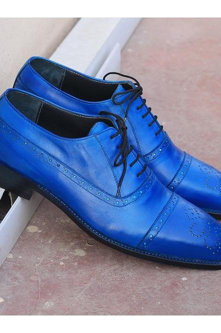 Stylish Blue Color Balmoral Shoes, Customize Premium Leather, Semi Brogue Shoes, Hand Stitched Lace Up Cap Toe Formal Shoes For Men,
