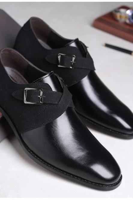 Hand Stitched Monk Cross Strap, Buckle Fastening Suede Leather Shoes, Men's Personalized Black Polish Formal Shoes,