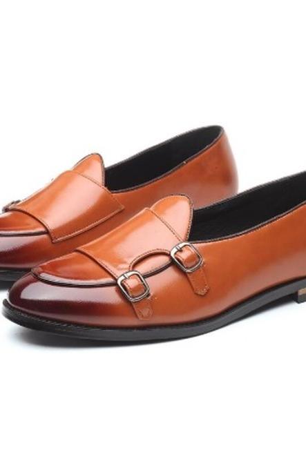 Vintage Style Dual Buckle Strap Monk Shoes, Patent Apron Toe Pure Leather, Handmade Men's Formal Wedding Shoes,