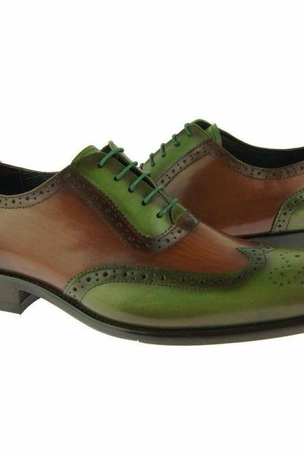 Green Brown Two Tone Oxford Shoes, Full Brogue Lace Up Leather Shoes, Multicolor Formal Wingtip Shoes, Handmade Men Shoes,