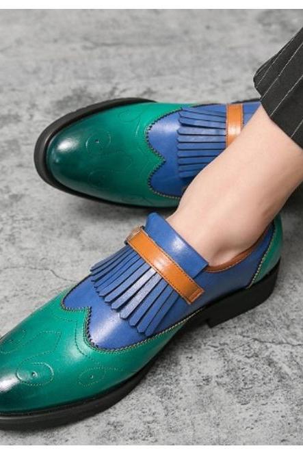Customize Monk Multi Color Shoes, Hand Stitched Black Sole Pure Leather Fringes Shoes, Handcrafted Medallion Wingtip, Buckle Strap Formal Shoes,