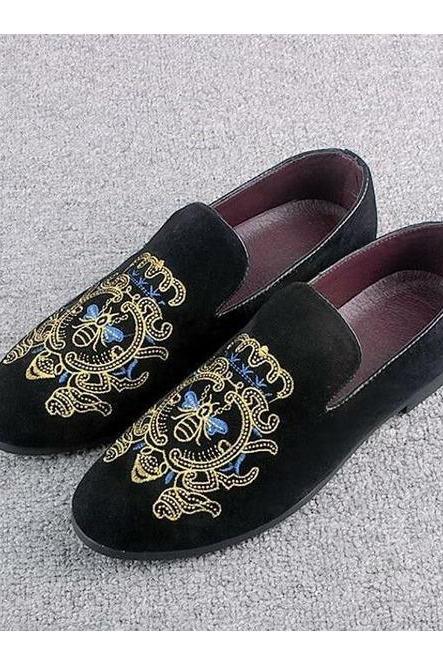 Men's Pull On Party Shoes, Black Velvet Honey Bee Embroidered Suede Leather, Handmade Formal Loafer Shoes,