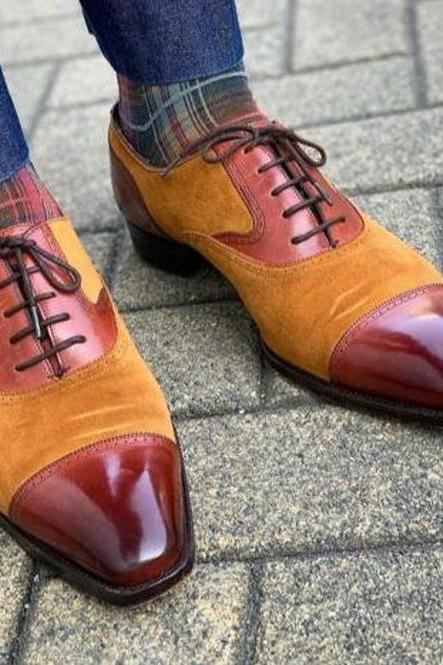 Personalized Multi Color Oxford Shoes, Patina Brown Cap Toe, Real Suede Leather Shoes, Men's Customize Lace Up Formal Shoes,