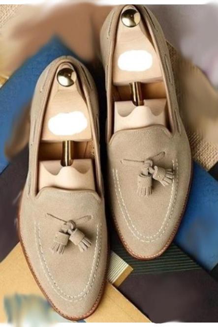 Good Looking Beige Color Party Shoes, Premium Cow Skin Suede Leather, Men's Handmade Tassels Loafer Shoes, Contrast Sole Moc Toe Shoes,