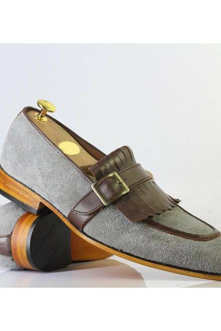 Real Cow Skin Suede Leather Monk Shoes, Two Tone Fringes Buckle Strap Shoes, Contrast Sole Handmade Formal Shoes, Apron Toe Shoes,