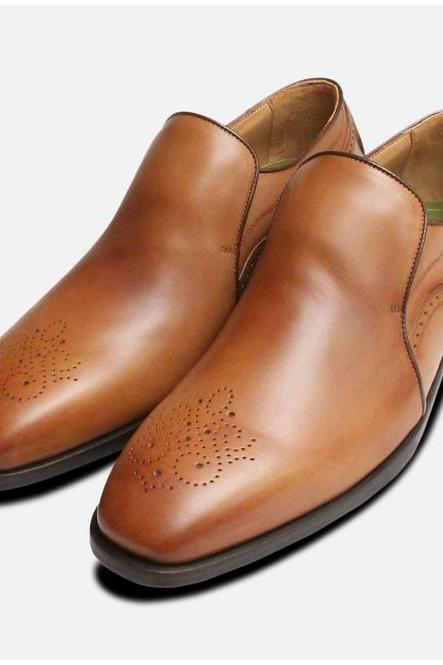 Made To Hand Moccasin Tan Color Formal Shoes, Pure Leather Brogue Toe Shoes, Men's Slip On Wedding Shoes, Personalized Shoes,