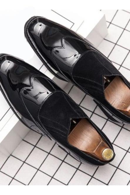 Black Color Patent Wingtip Shoes, Handcrafted Suede Leather Formal Shoes, Moccasin Style Slip On Shoes, Customize Shoes,
