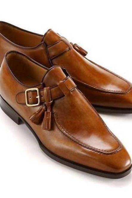 Handcrafted Pairs Of Shoes In Monk Style Brown Color, Premium Leather Buckle Strap Fastening, Customize Moc Toe Shoes,