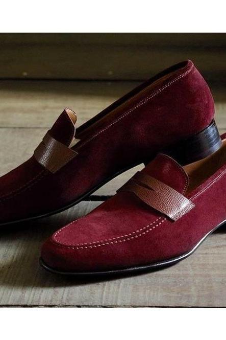 Maroon Penny Loafer Black Sole Shoes, Customize Suede Leather Party Shoes, Men's Handmade Slip On Formal Shoes,