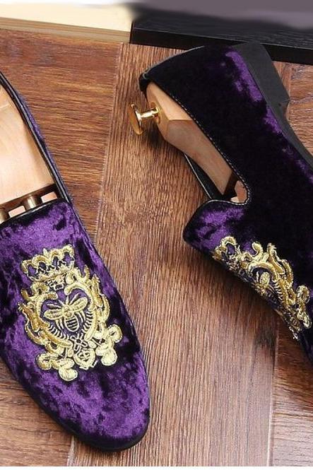 Purple Color Loafer Slip On Shoes, Suede Leather Party Shoes, Velvet Embroidery Formal Shoes,