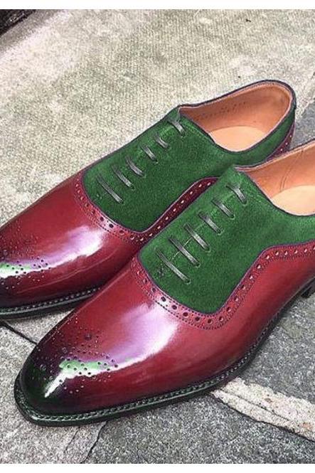 Hand Painted Burgundy Medallion Toe Patent, Green Suede Oxford Shoes, Men's Customize Lace Up, Hand Stitched Two Tone Formal Shoes,