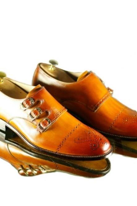 Triple Monk Strap Patent orange Shoes, Cow Skin Leather Semi Brogue Formal Shoes, Buckle Fastening Cap Toe Handmade Shoes,