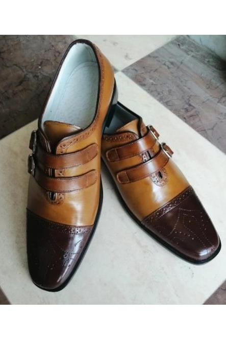 Multi Color Double Monk Strap Buckle Fastening, Genuine Leather Brogue Toe, Men's Customize Cap Toe Formal Shoes,