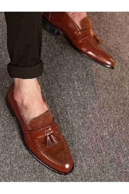Tassels Loafer Suede Leather Shoes, Handmade Men's Slip On Shoes, Moc Toe Customize Party Shoes, Made To Order