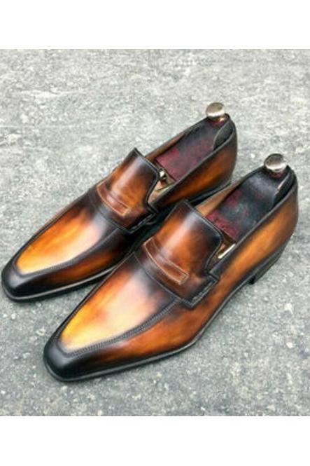 Patina Tawny Color Leather Shoes, Dual Shades Penny Loafer, Men's Handmade Formal Pull On Shoes,