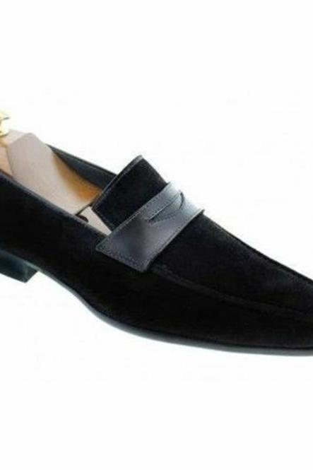 Hand Stitched Suede Leather Black Color Shoes, Customize Men's Formal Slip On Shoes, Penny Loafer Shoes,
