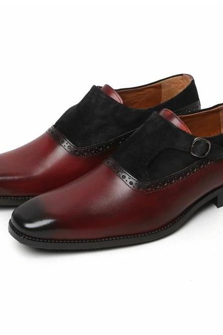 Burgundy Monk Strap, Suede Leather Shoes, Single Buckle Strap Fastening, Men's Party Shos,