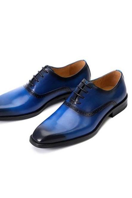 Patina Navy Blue Lace Up Shoes, Oxford Black Shaded Toe, Genuine Leather Men's Formal Shoes,