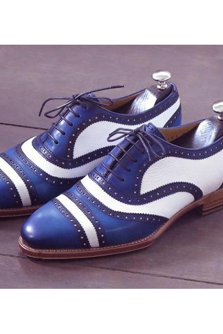 Oxford Blue White Lace Up Shoes, Customize Cap Toe Wedding Shoes, Men's Contrast Sole Formal Shoes,