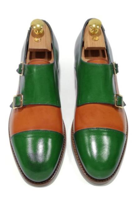 Dual Color Green Orange Cap Toe Shoes, Handmade Buckle Strap Formal Shoes, Men's Monk Wedding Shoes,
