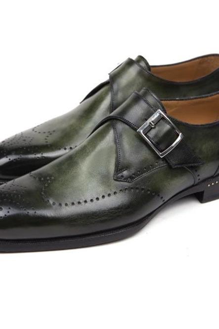 Cyprus Green Single Monk Strap, Real Cow Skin Leather, Men's Handmade Formal, Brogue Wingtip Shoes,