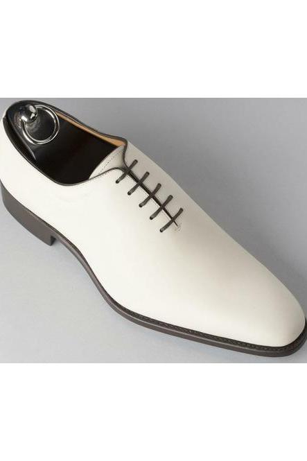 Business Person's White Pairs, Handmade Oxford Genuine Leather Lace Up, Men's Black Sole Formal Shoes,