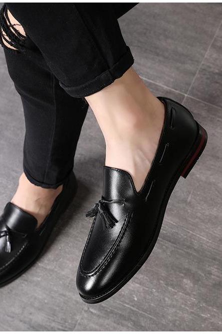 Black Polish Apron Toe Slip On, Handmade Tassels Loafer Party Wears, Men's Formal Shoes,