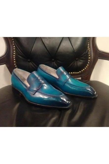Blue Penny Loafer Patent Leather Men's Handmade Apron Toe Formal Wedding Pull On Shoes,