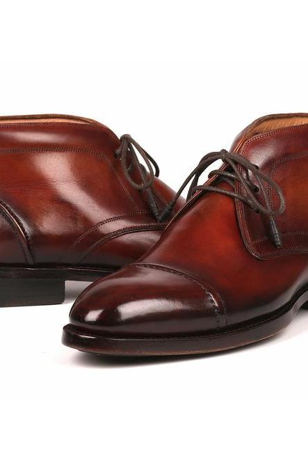 Men's Brown Chukka Style Foot Wears, Handmade Patina Cap Toe Real Leather, Formal Lace Up Fashion Ankle Shoes, 