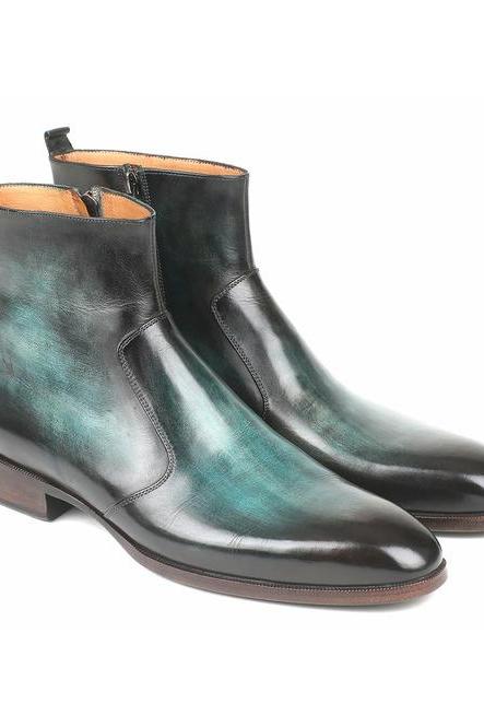 Zippered Patina Blue Ankle Shoes, Customize Men's Real Leather, Formal Ankle Boots,