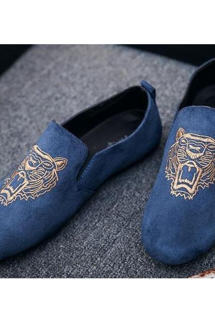 Handcrafted Blue Velvet Tiger Face Embroidery Suede Leather Elastic Gores Men's Loafer Party Shoes,
