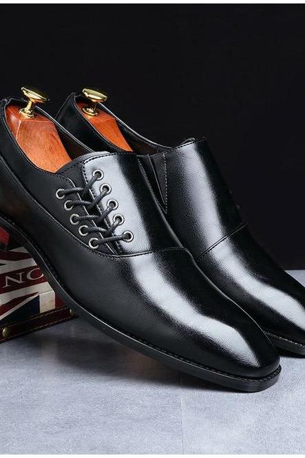 Luxury Black Polish Genuine Leather Lace Up Closure Men's Handmade Formal Dress Shoes