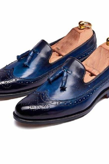 Navy Blue Tassels Loafer Longwing Brogue Wingtip Genuine Leather Men's Customize Pull On Formal Wedding Shoes
