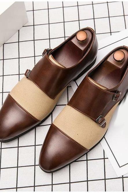 Beige And Brown Double Monk Strap, Suede Leather Shoes, Men's Customize Two Tone Formal Wedding Shoes,