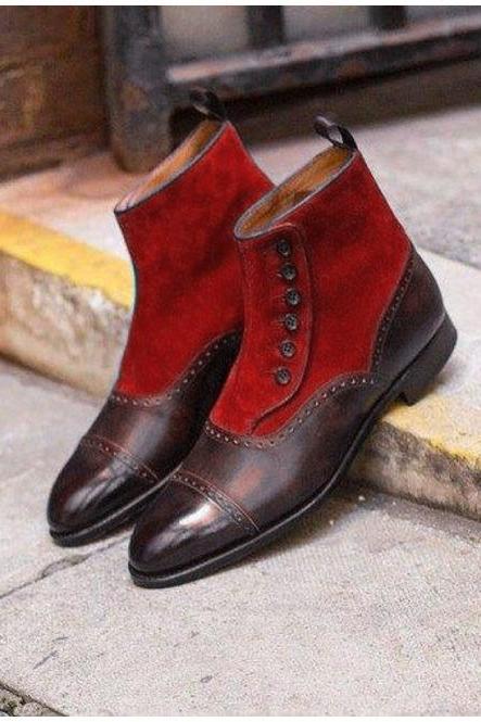 Dual Color Upper Suede Leather Button Up Genuine Leather Men's Patina Cap Toe Ankle Shoes