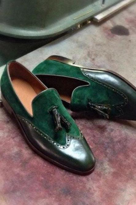 Tassels Loafer Suede Slip On Wingtip Patina Premium Leather Men's Handmade Formal Wedding Shoes 