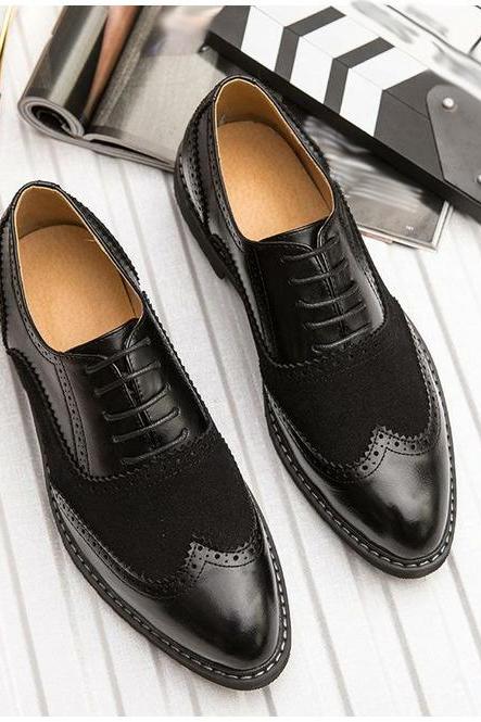 Hand Stitched Patent Wingtip Black Color, Oxford Suede Leather Lace Up Closure, Men's Customize Formal Dress Shoes,