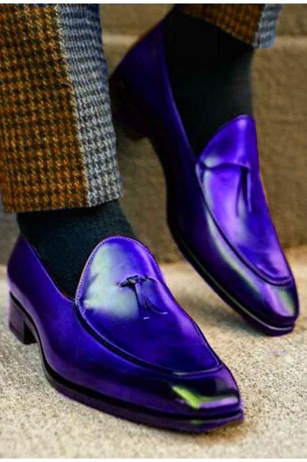 Hand Made Tassels Loafer Slip On Shoes, Patent Purple Color Moc Toe, Men's Real Leather Formal Party Shoes,