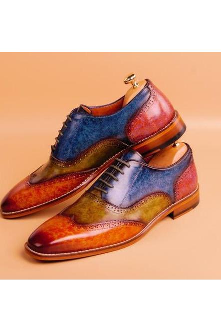 Oxford Multi Color Patent Lace Up Closure Men's Handmade Real Leather Wingtip Formal Party Shoes