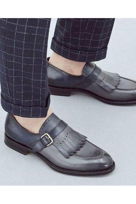 Genuine Cow Skin Leather Fringes Monk Strap Men's Hand Stitched Gray Formal Party Shoes