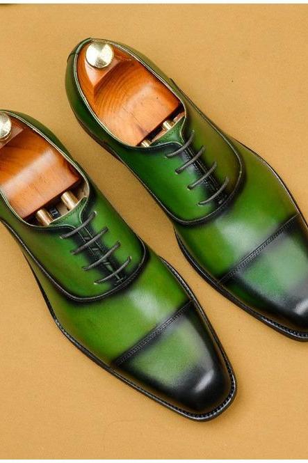Stylish Hand Stitched Green Leather Men's Patina Cap Toe Lace Up Formal Oxford Shoes