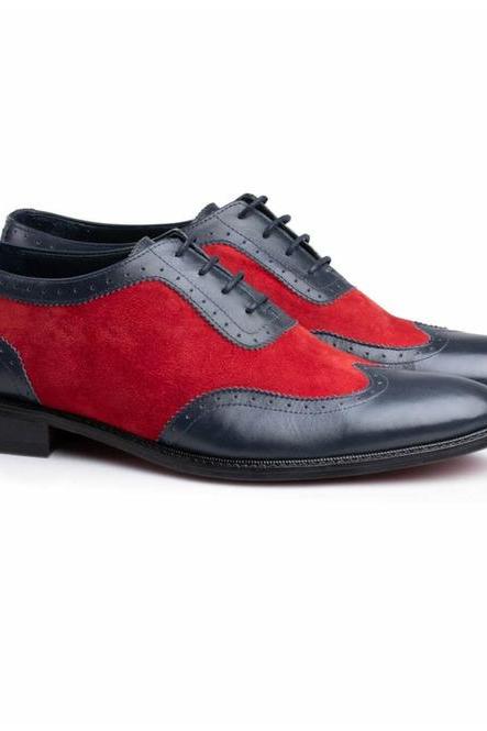 Party Wear Black Patina Wingtip Lace Up Fastening Oxford Red Suede Leather Handmade Formal Shoes
