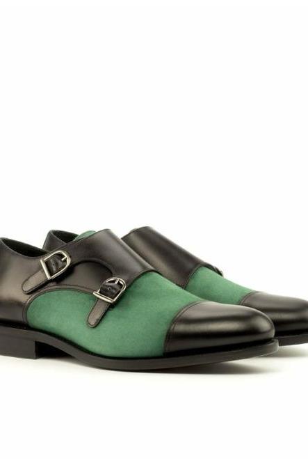 Monk Strap Green Black Cap Toe Suede Leather Made To Order Formal Buckle Fastening Shoes