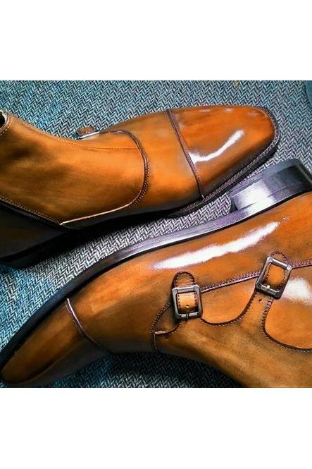 Customize Handmade Monk Triple Buckle Strap Genuine Leather Cap Toe Patina Formal Ankle Shoes